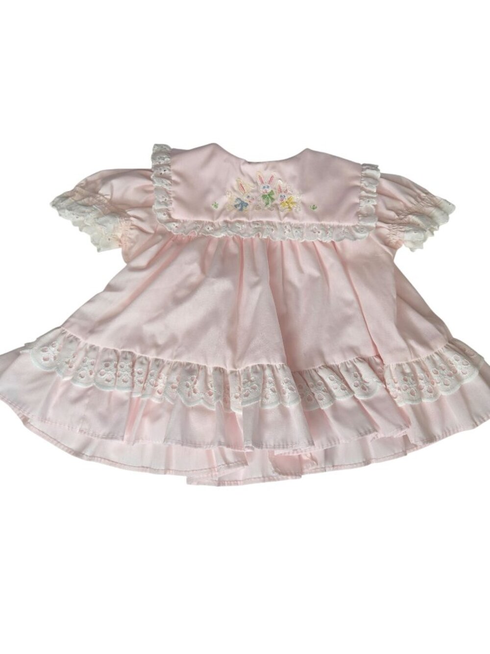 Vintage 80s Bryan Baby Girl Pink Dress Bunnies Lace Trim Ruffled Hem 0-3 Mos